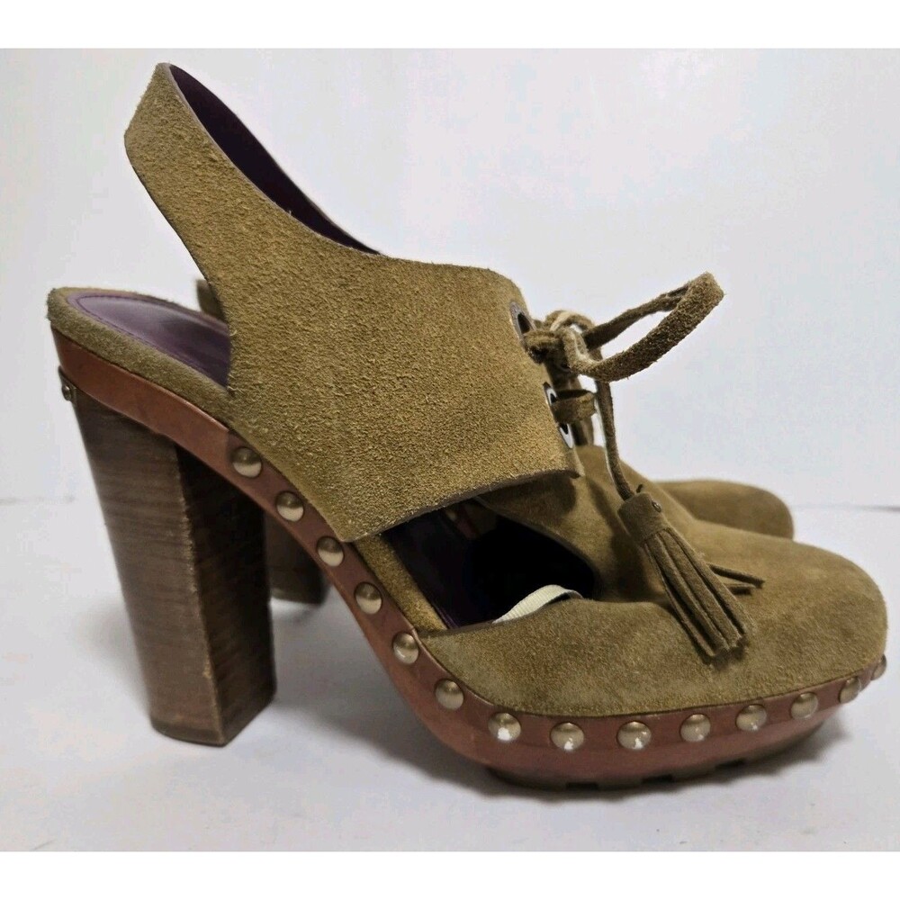 Coach Heels Womens 8.5 B Poppy Rena Brown Suede Studded Platform Clogs - Picture 2 of 8